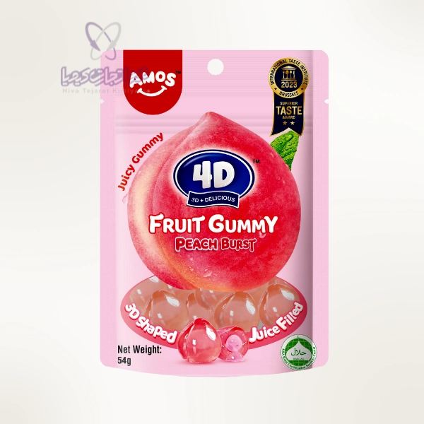پاستیل هلو 3D Amos با مغز ژله‌ ای – 54 گرمی